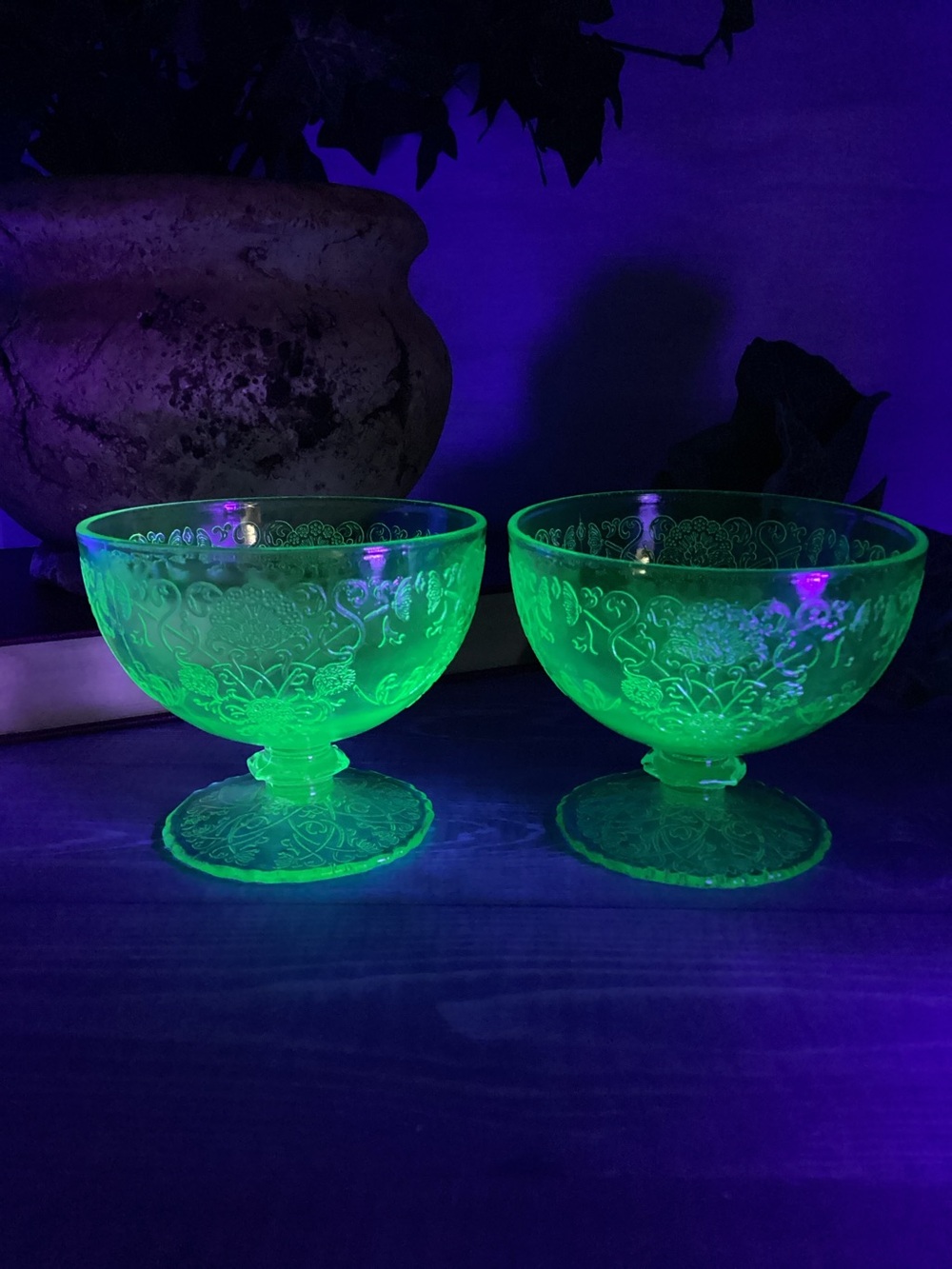 Pair Hazel Atlas Florentine Green Uranium Glass Glowing Sherbert Dishes Vtg READ